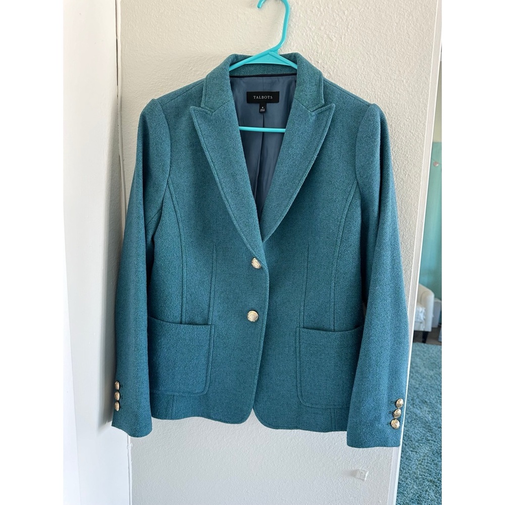 Talbots Wool-Blend Blazer – Teal Blue, Gold Buttons, Size 8